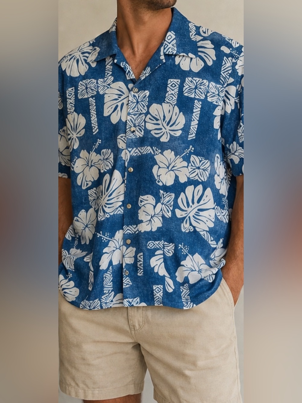 Go Barefoot Blue Hawaiian Shirt Floral Tiki Print 100% Cotton Men’s L USA